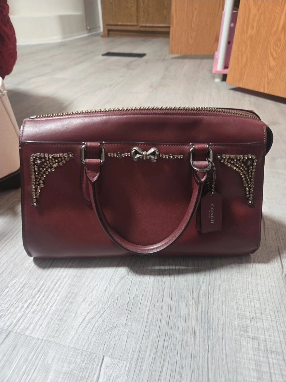 Selena Gomez X Coach Burgundy Leather Satchel with Crystal Bow Accent